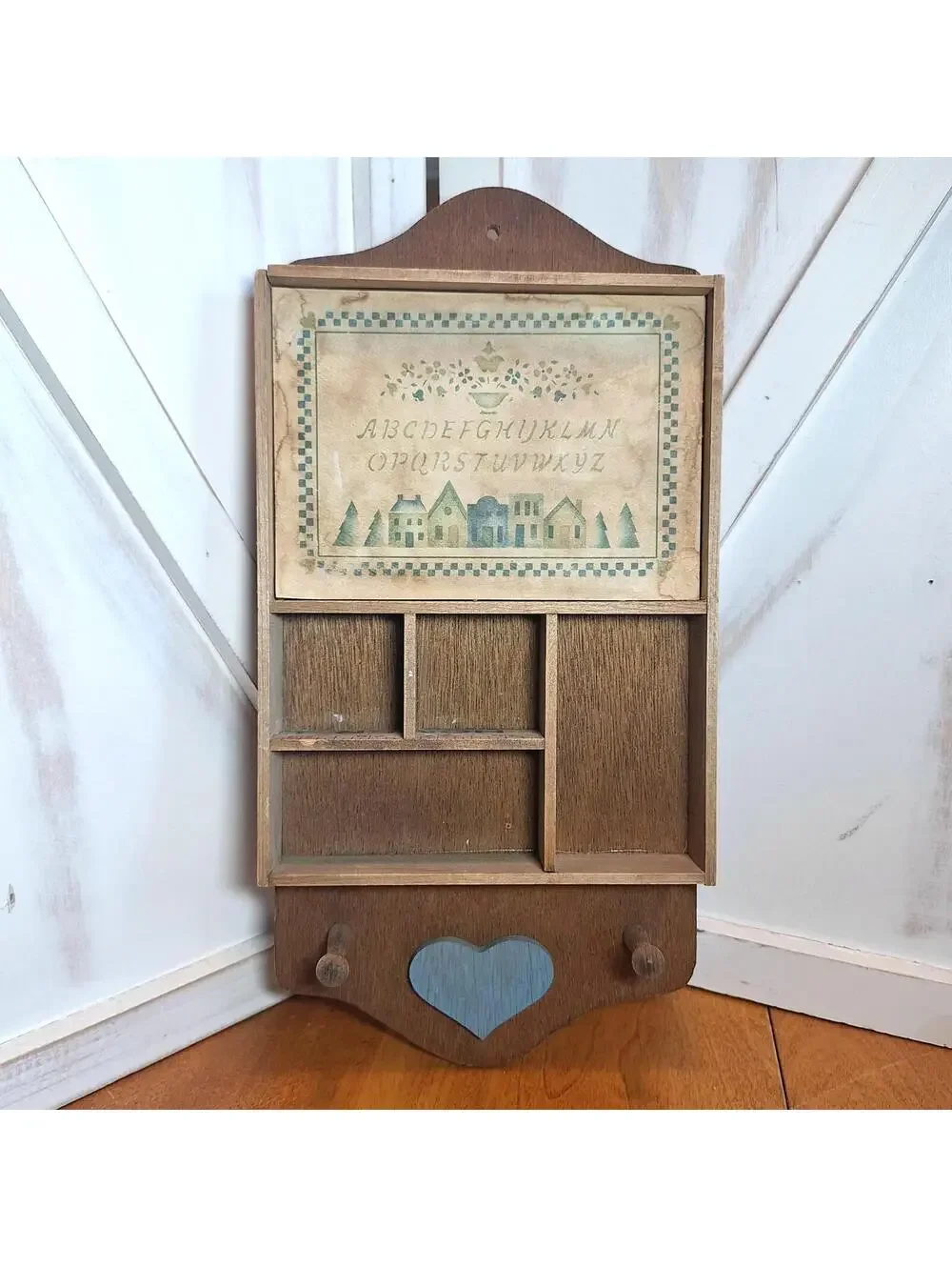 Hand Crafted Wood Ruler Trinket Wall Shelf Hearts 2 Peg Hooks Country 6.25X13.5